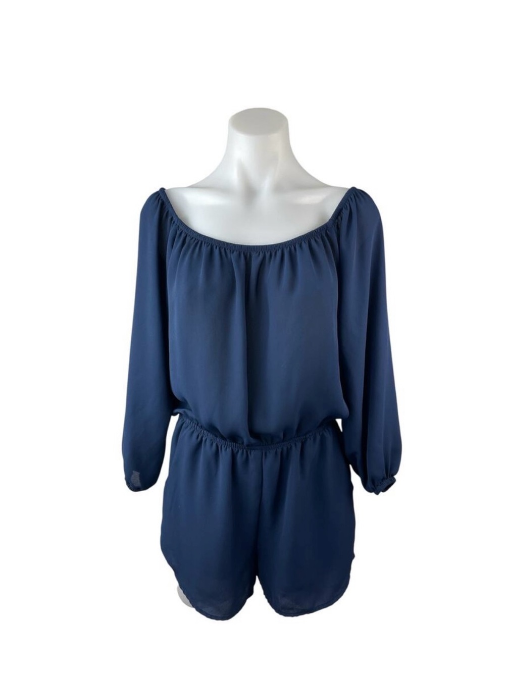 Aqua Navy Blue Off-Shoulder Long Sleeve Romper